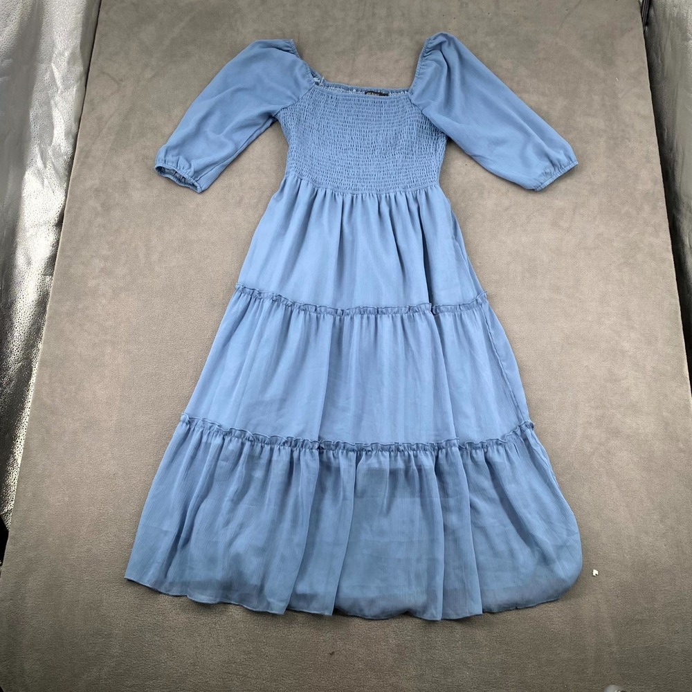 Mikarose Fit & Flare Dress Womens Small Blue Smocked Bodice Tiered Raglan Sleeve